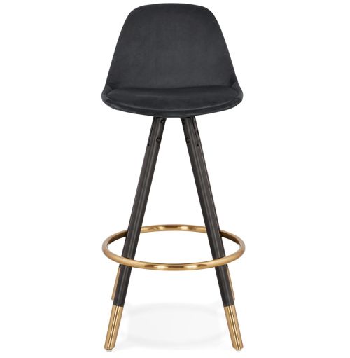 Tabouret snack mi-hauteur design 'CHICAGO MINI' en velours noir et 4 pieds en bois noir