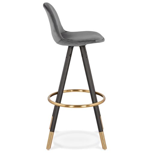 Tabouret de bar design 'CHICAGO' en velours gris et 4 pieds en bois noir