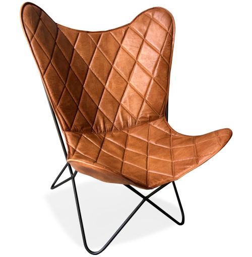 Fauteuil papillon 'FOX' en cuir brun avec des coutures en losange