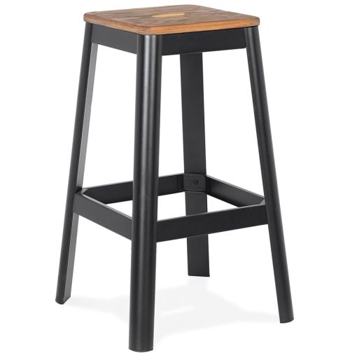 Tabouret haut style industriel 'LIDYA' avec structure en métal noir et assise en bois