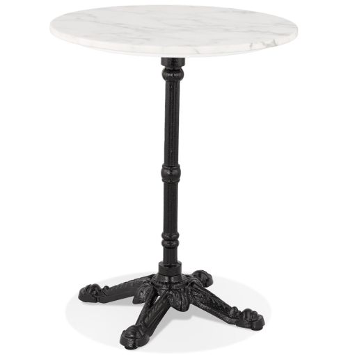 Petite table bistrot ronde 'MARAY' style rustique en pierre blanche effet marbre et métal noir - Ø 60 cm