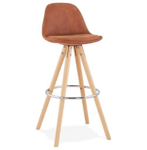 Tabouret de bar 'MARKA' en microfibre brune et pieds en bois naturel