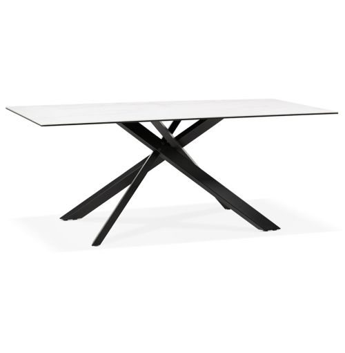 Table à diner 'MARKINA' en céramique blanche avec pied central en x noir - 180x90 cm