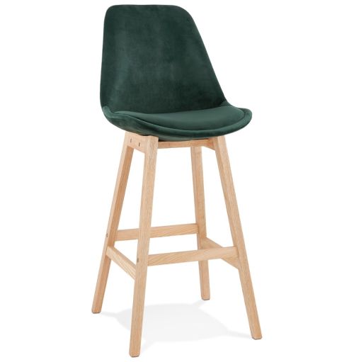 Tabouret de bar 'MORISS' en velours vert et pieds en bois naturel