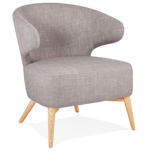 Fauteuil lounge 'ODILE' en tissu gris et pieds en bois finition naturelle