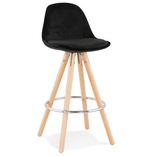 Tabouret snack mi-hauteur 'SPIRIT MINI' en velours noir et pieds en bois naturel