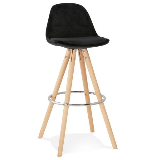 Tabouret de bar 'SPIRIT' en velours noir et pieds en bois naturel