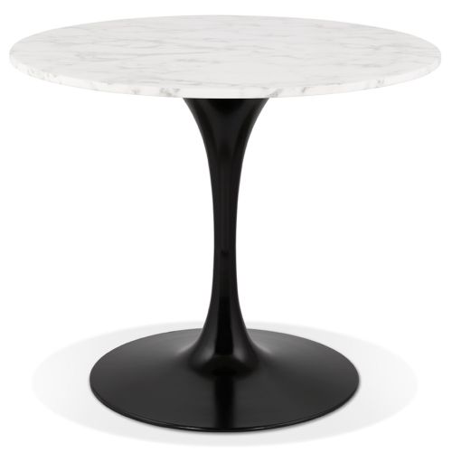 Table à dîner ronde 'URSUS' en pierre blanche effet marbre et métal noir - Ø 90 cm