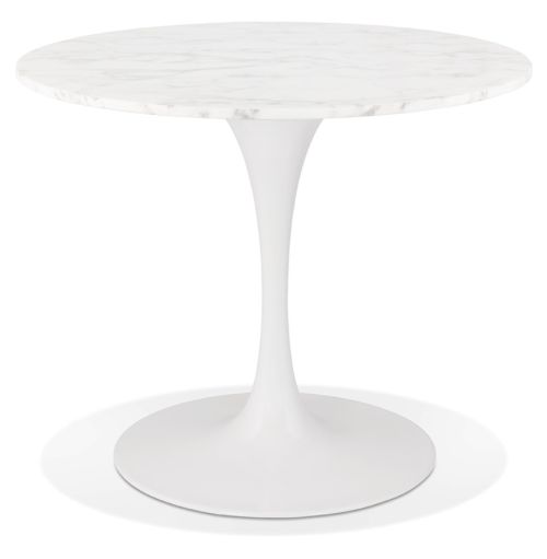 Table à dîner ronde 'URSUS' en pierre blanche effet marbre et métal blanc - Ø 90 cm