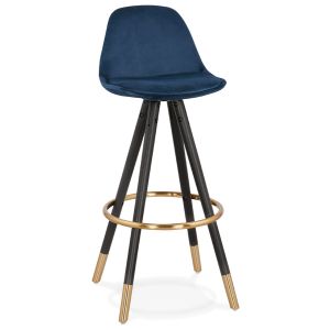 Tabouret de bar design 'CHICAGO' en velours bleu et 4 pieds en bois noir